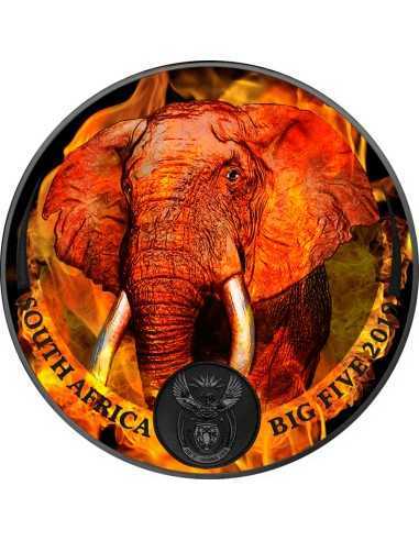 BURNING ELEPHANT Rutenio Big Five 1 Oz Moneta Argento 5 Rand Sud Africa 2019