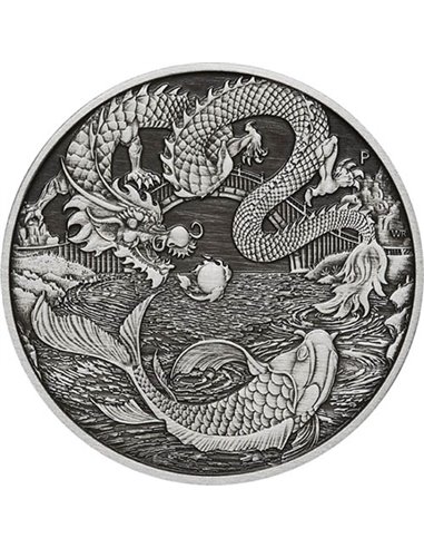DRAGON ET KOI Mythes et légendes chinoises Antique Pièce d'argent de 1 once 1$ Australie 2023