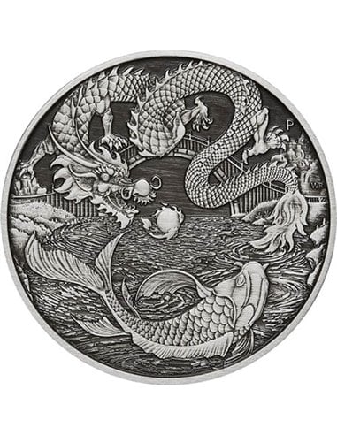 DRAGON AND KOI Chinese Myths & Legends Antique 1 Oz Silver Coin 1$ Australia 2023