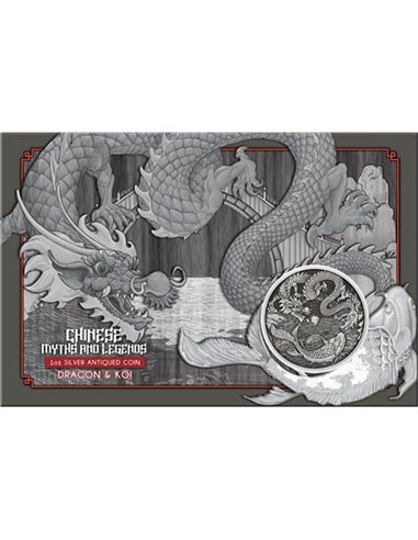 DRAGON AND KOI Myths & Legends Antique 1 Oz Silver Coin in Card 1$ Australia 2023