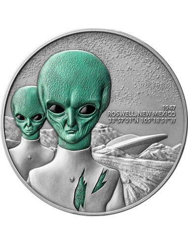 ROSWELL UFO INCIDENT Interstellar Phenomena Moneta Argento 2 Oz 2000 Franchi Camerun 2024