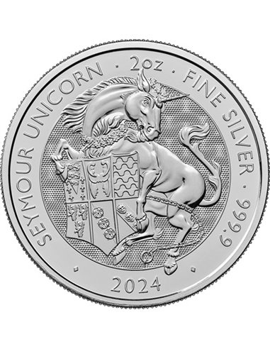 SEYMOUR UNICORN Tudor Beasts 2 Oz Moneda Plata 5£ Reino Unido 2024