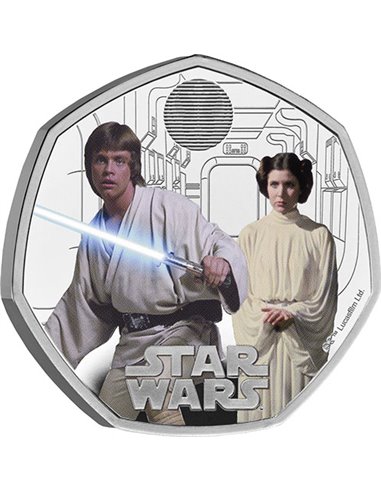 STAR WARS Luke Skywalker und Prinzessin Leia Silbermünze, polierte Platte, 50 Pence, UK 2023