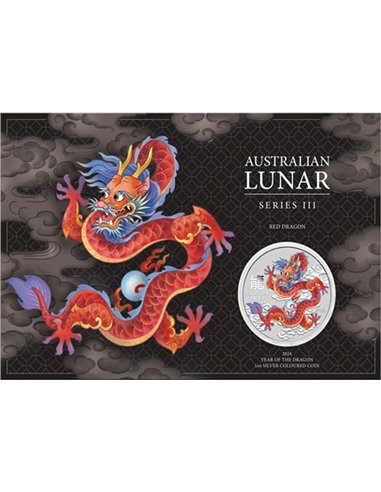 DRAGON Lunar Year Series III Colored CoinCard 1 Oz Silver Coin 1$ Australia 2024