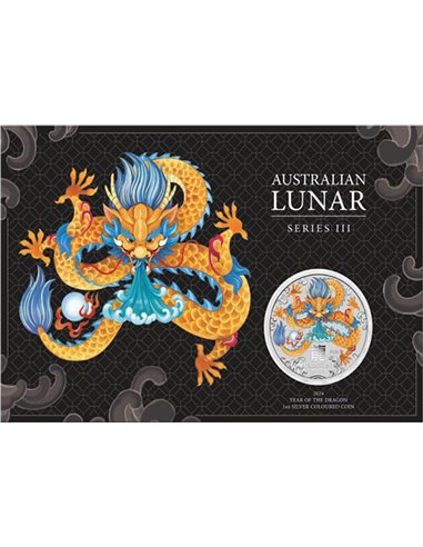 DRAGO Lunare Anno Serie III CoinCard Colorata Moneta Argento da 1 Oz 1$ Australia 2024