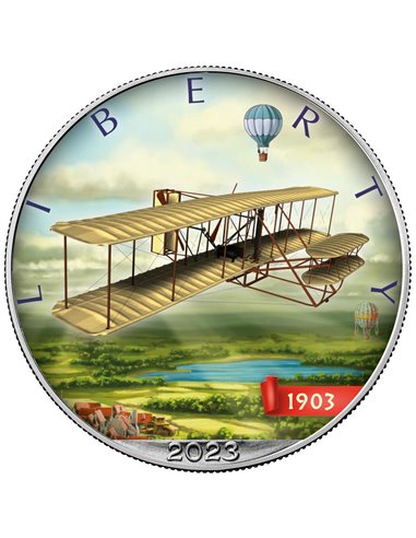 AIRPLANE Invenciones Águila Americana 1 Oz Moneda Plata 1$ USA 2023